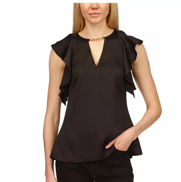 MICHAEL Michael Kors Tops - Michael Kors,NWT, Satin Ruffled Black Top with Gold Chain,Medium